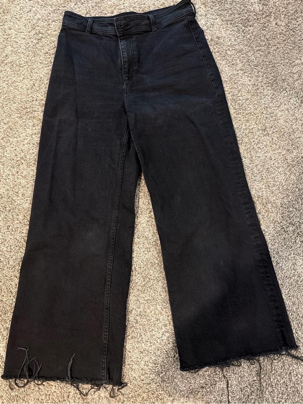 MANGO Catherine High Rise Wide Leg Jeans Black Raw Hem Size 10
